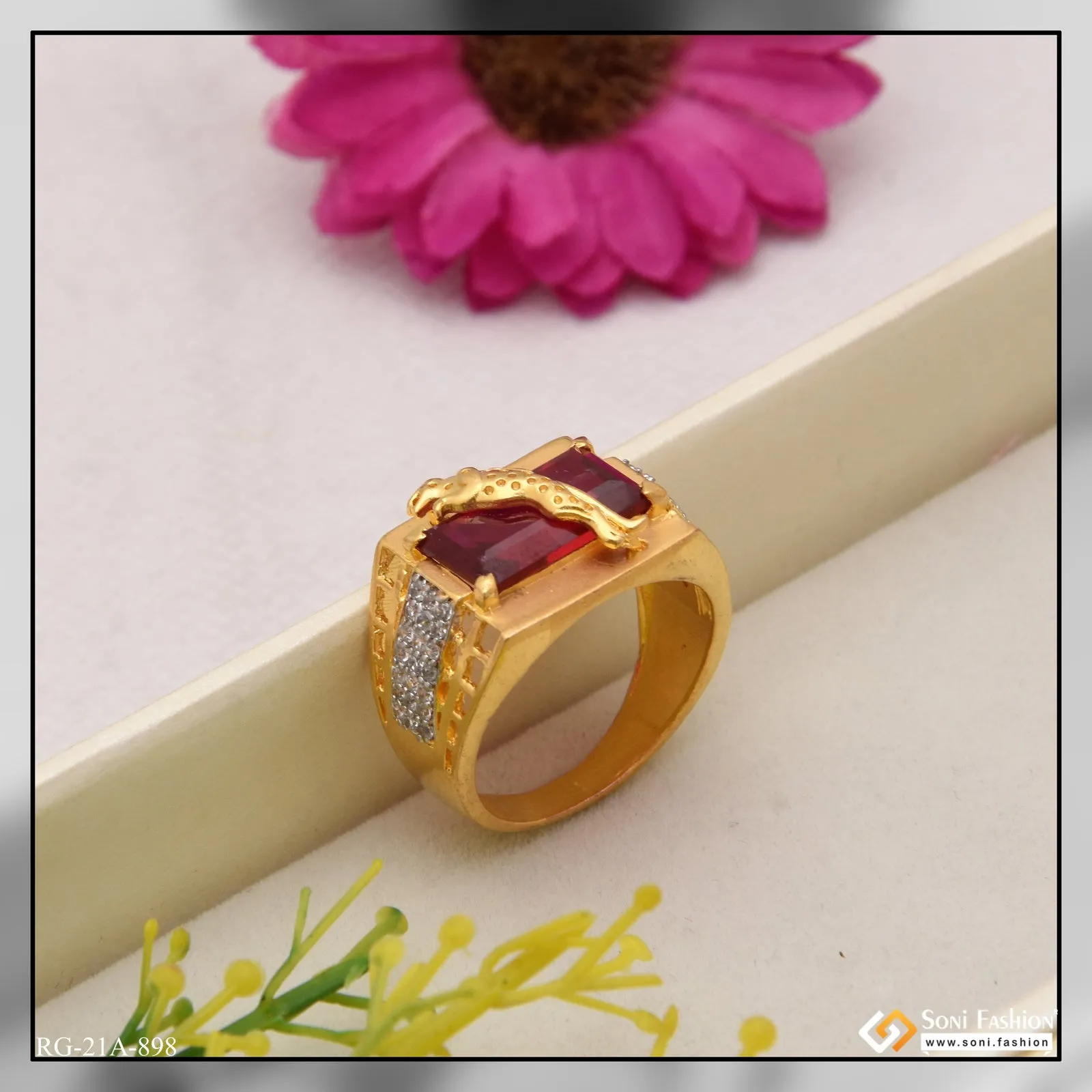 1 Gram Gold Forming Jaguar on Pink Stone with Diamond Gorgeous Design Ring - Style A898