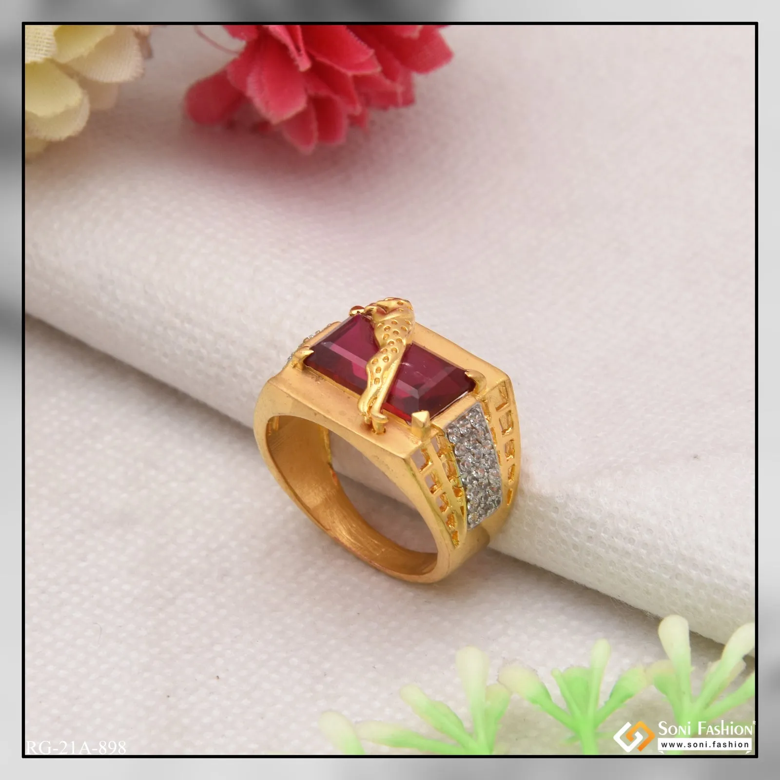 1 Gram Gold Forming Jaguar on Pink Stone with Diamond Gorgeous Design Ring - Style A898