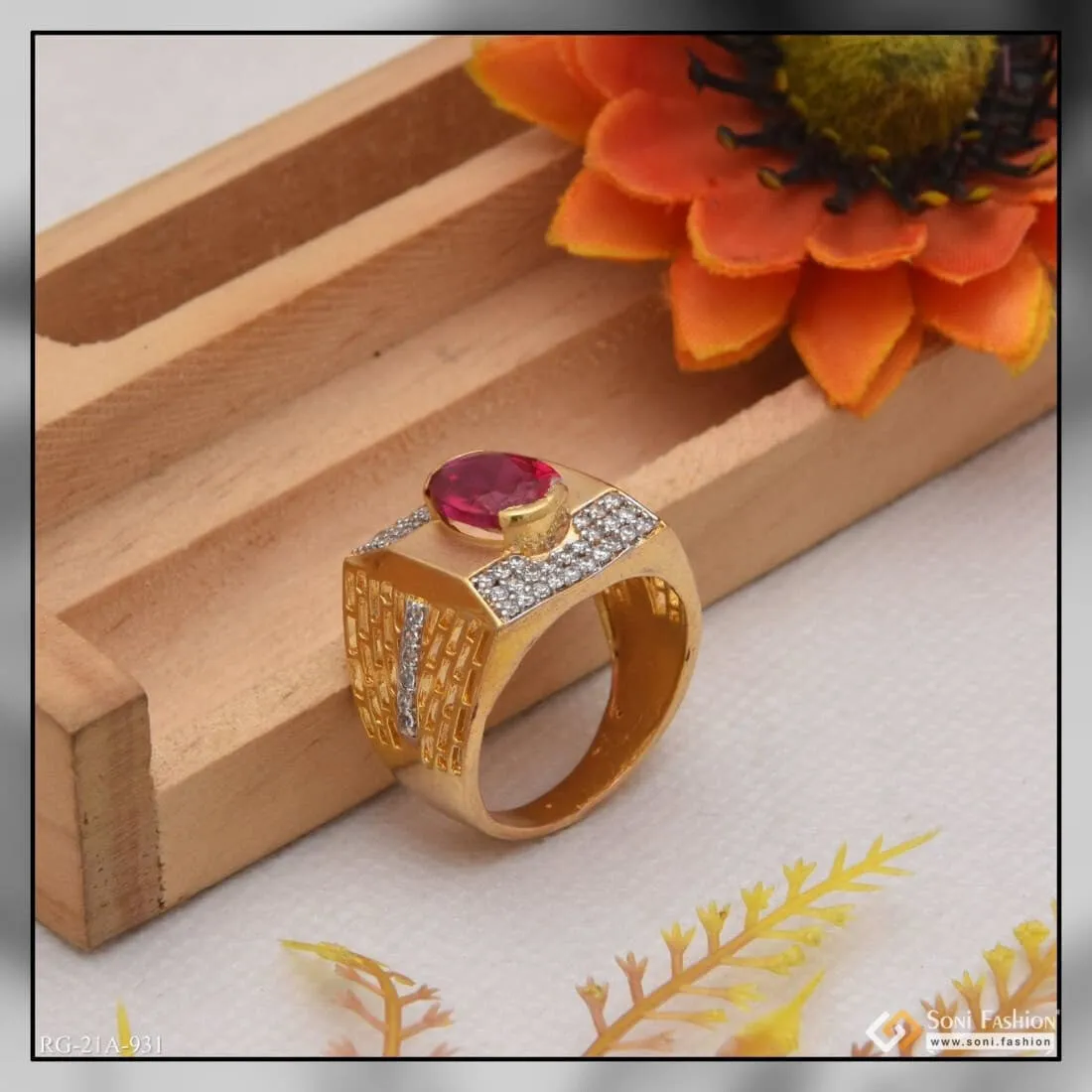 1 Gram Gold Forming Pink Stone With Diamond Best Quality Ring For Men - Style A931