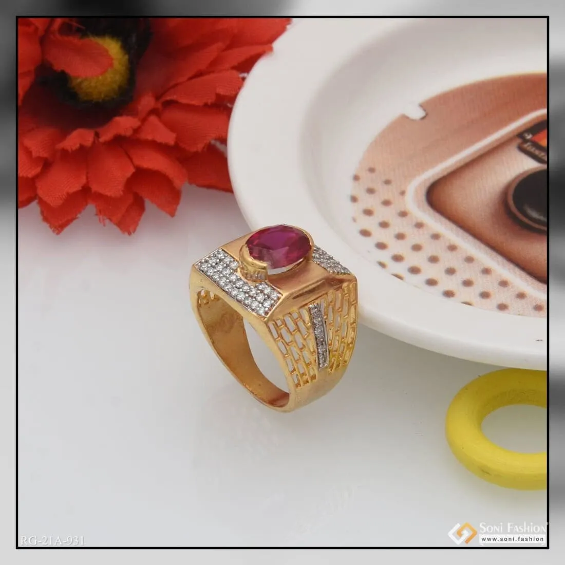 1 Gram Gold Forming Pink Stone With Diamond Best Quality Ring For Men - Style A931