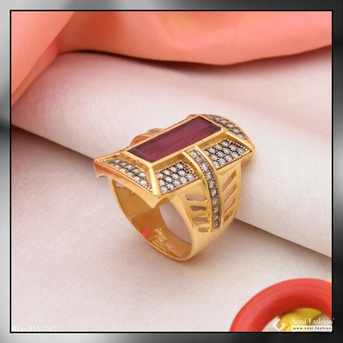 1 Gram Gold Forming Pink Stone with Diamond Delicate Design Ring - Style A742