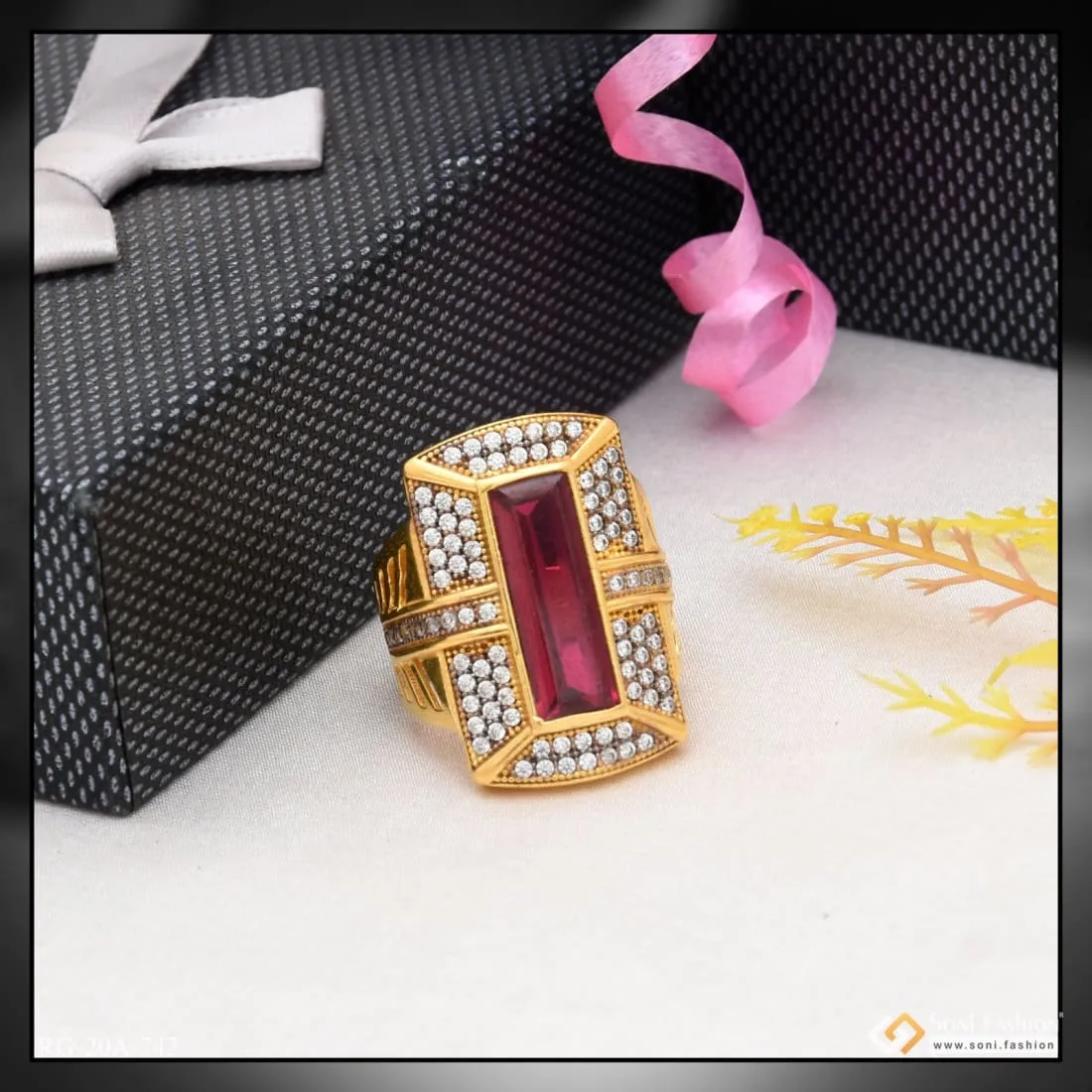 1 Gram Gold Forming Pink Stone with Diamond Delicate Design Ring - Style A742