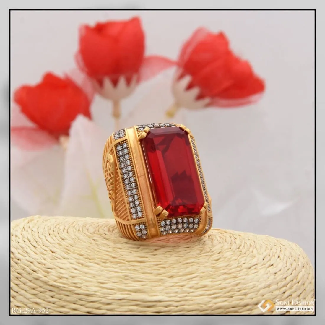 1 Gram Gold Forming Red Colour Jaguar with Diamond Gold Plated Ring - Style A952