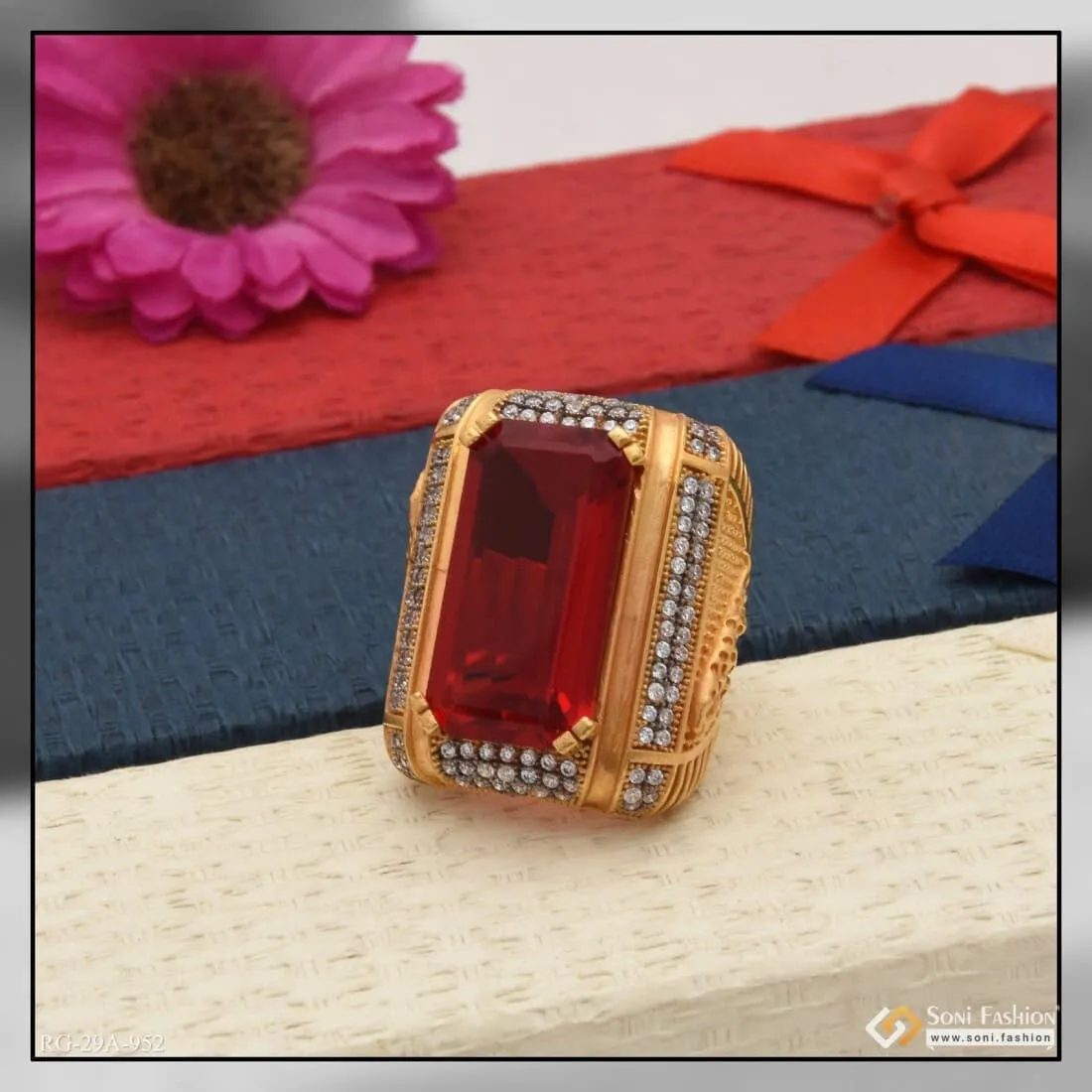 1 Gram Gold Forming Red Colour Jaguar with Diamond Gold Plated Ring - Style A952