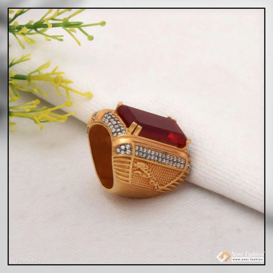 1 Gram Gold Forming Red Colour Jaguar with Diamond Gold Plated Ring - Style A952