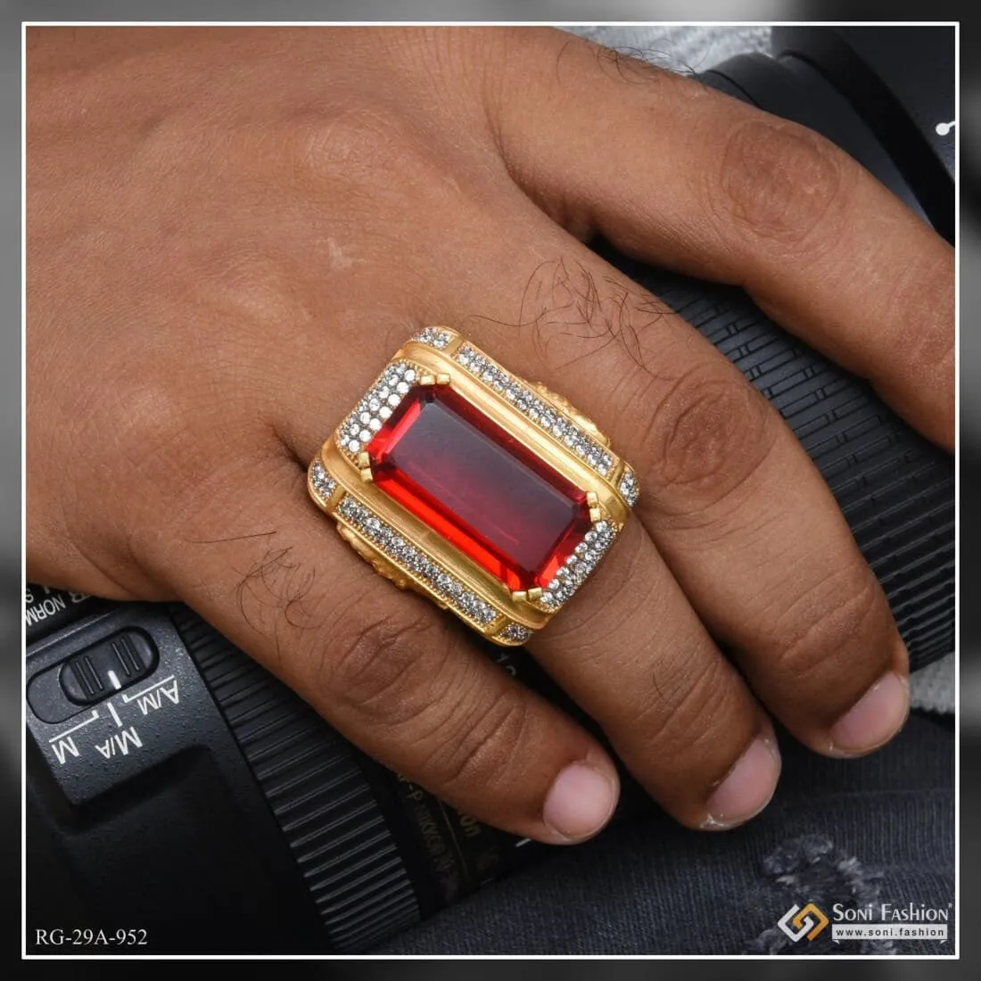 1 Gram Gold Forming Red Colour Jaguar with Diamond Gold Plated Ring - Style A952