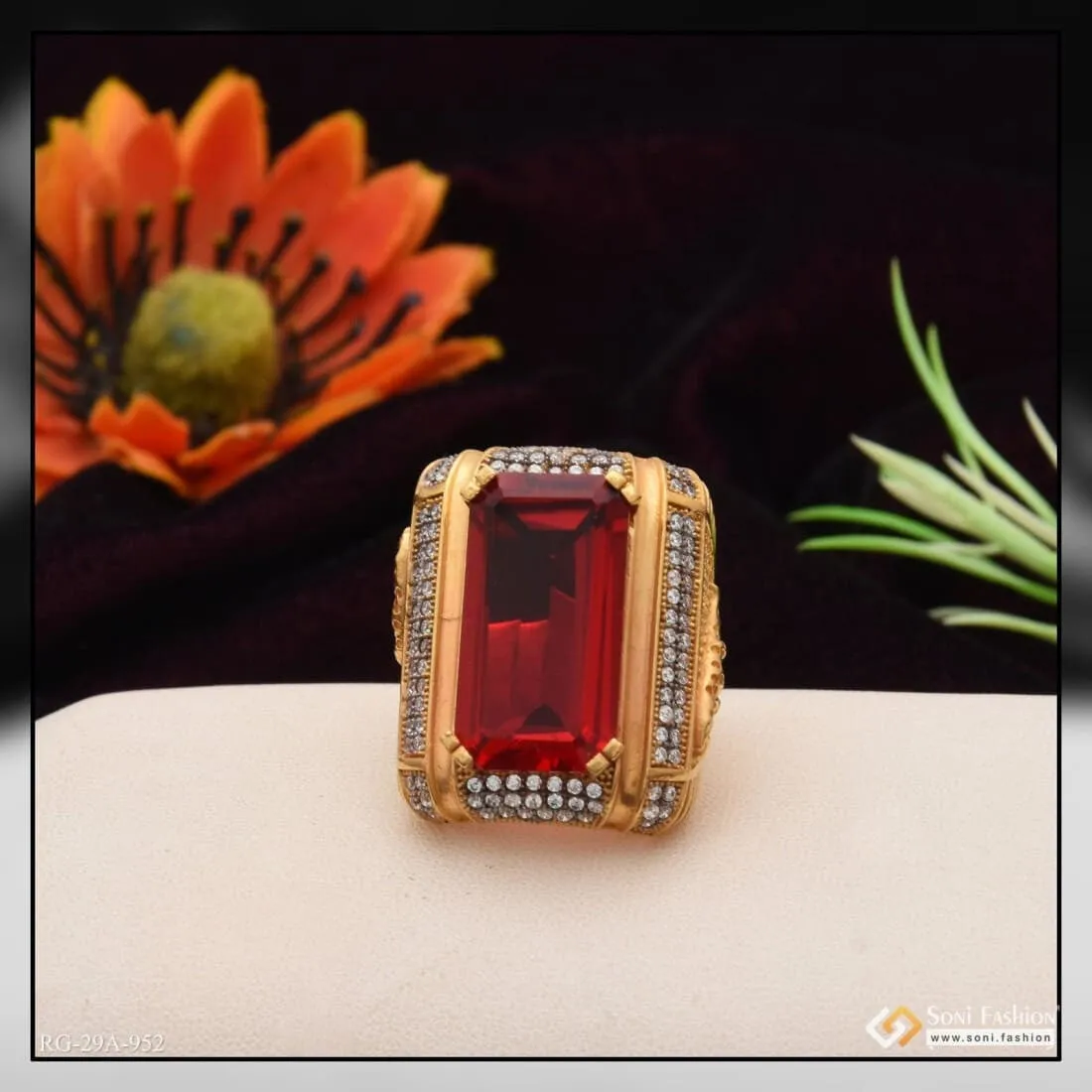 1 Gram Gold Forming Red Colour Jaguar with Diamond Gold Plated Ring - Style A952