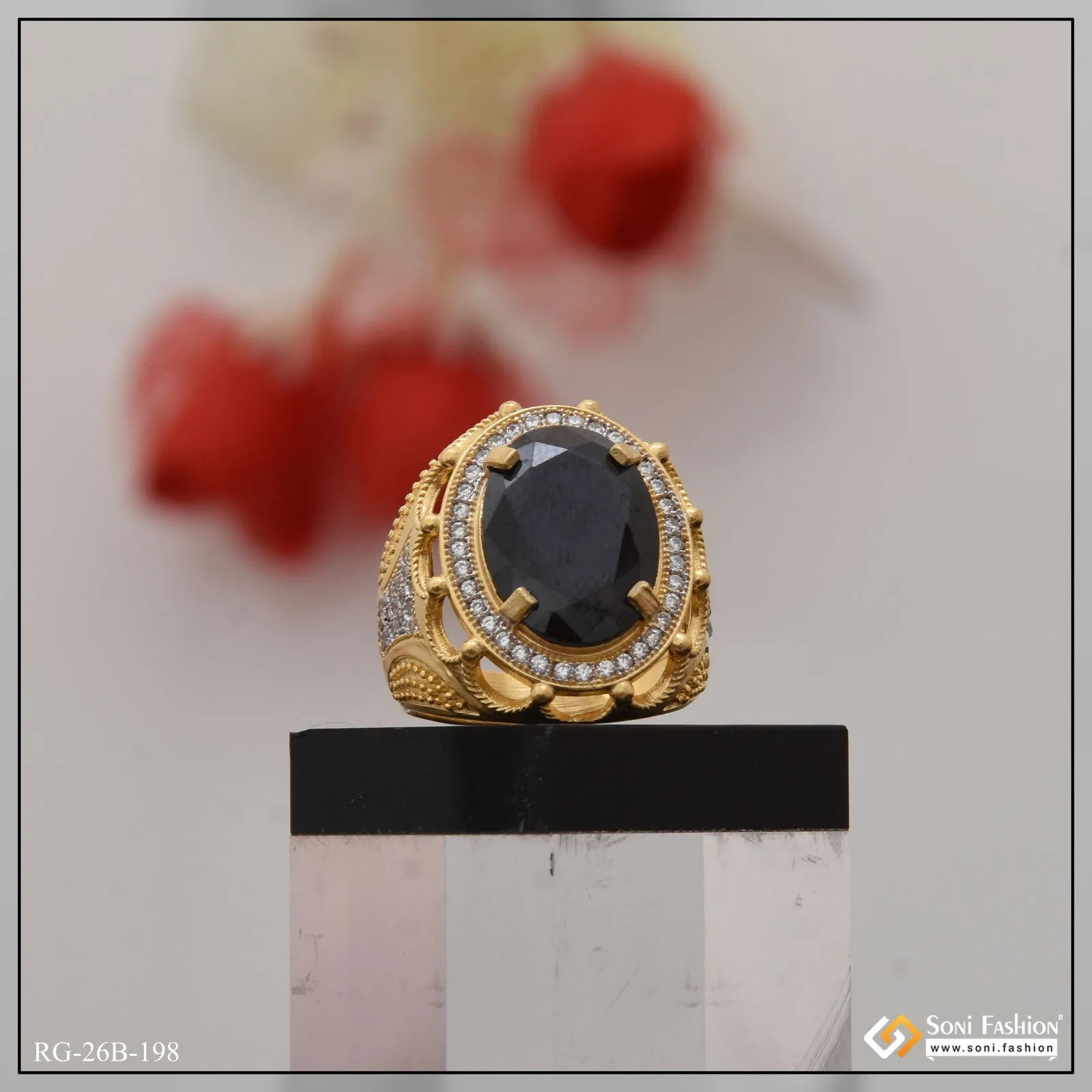 1 Gram Gold Plated Black Stone with Diamond Best Quality Ring for Men - Style B198