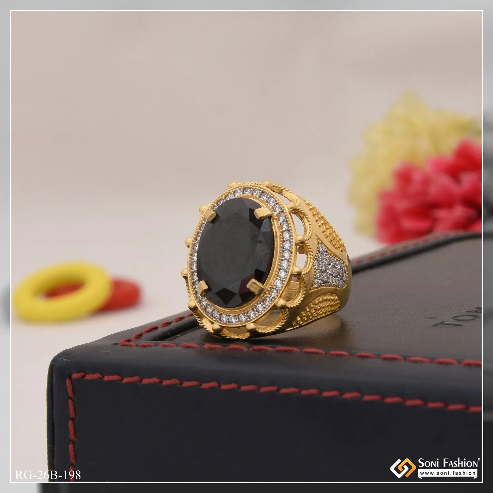 1 Gram Gold Plated Black Stone with Diamond Best Quality Ring for Men - Style B198