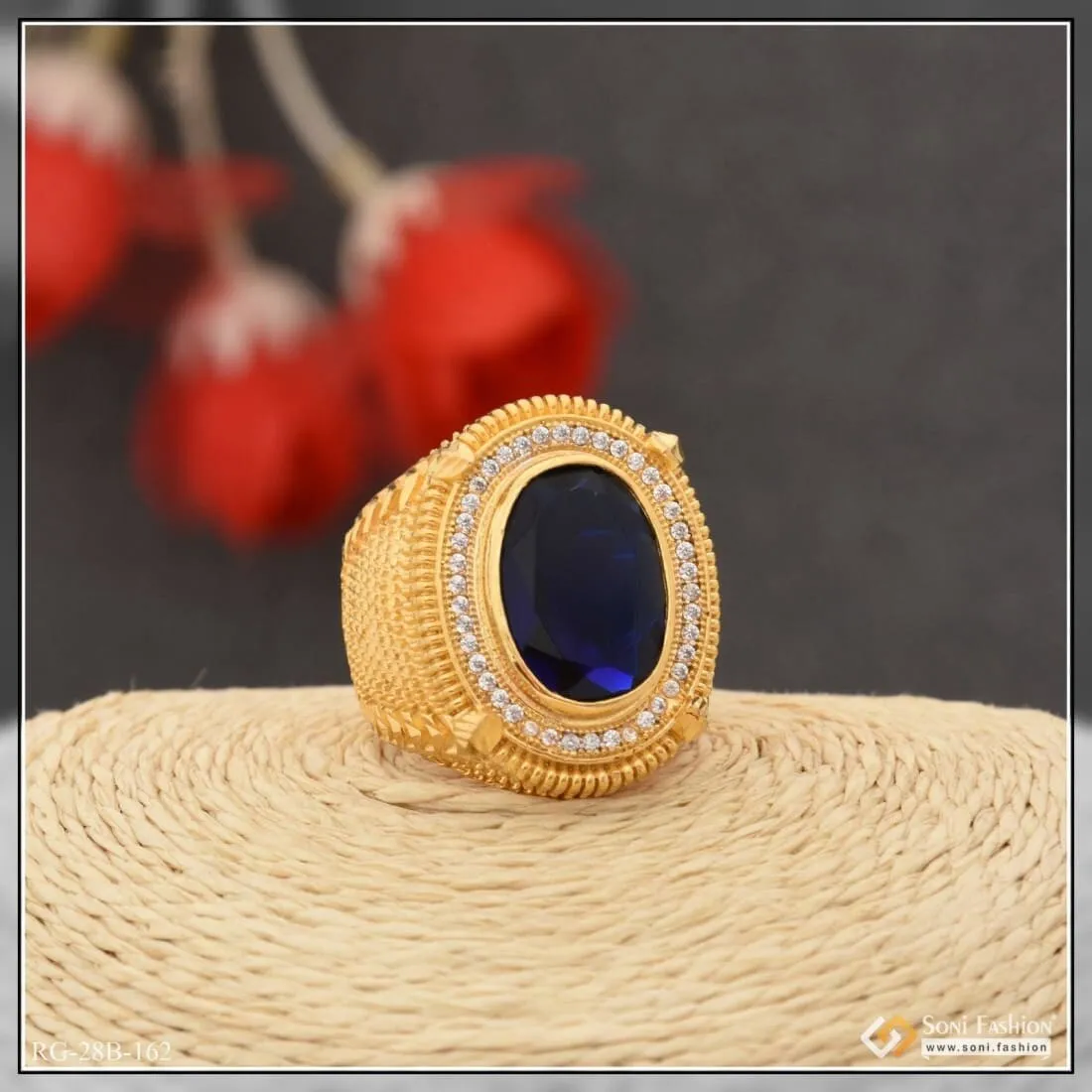 1 Gram Gold Plated Blue Stone Best Quality Durable Design Ring For Men - Style B162