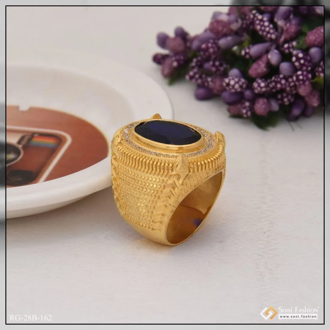 1 Gram Gold Plated Blue Stone Best Quality Durable Design Ring For Men - Style B162