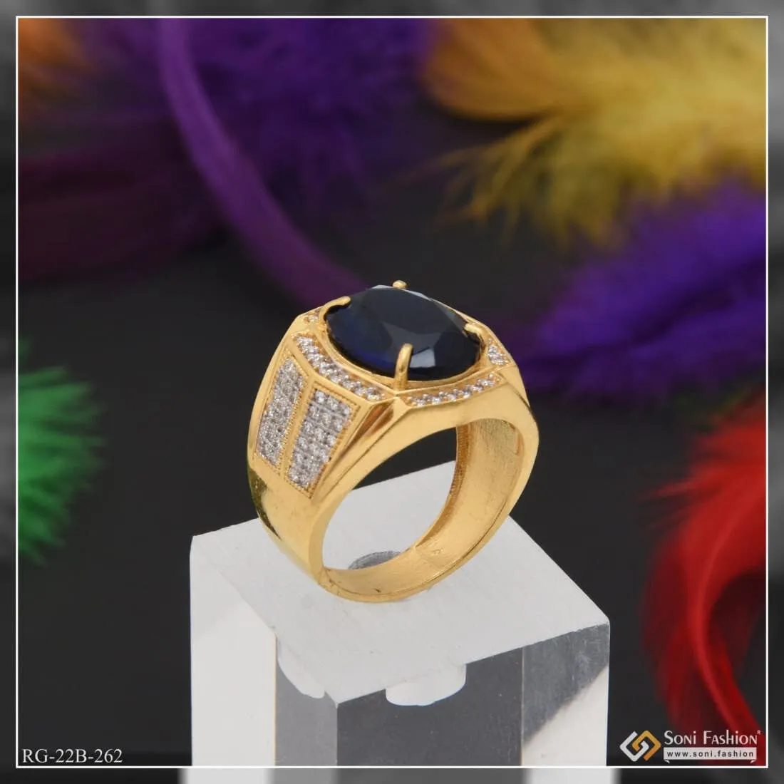 1 Gram Gold Plated Blue Stone with Diamond Funky Design Ring for Men - Style B262