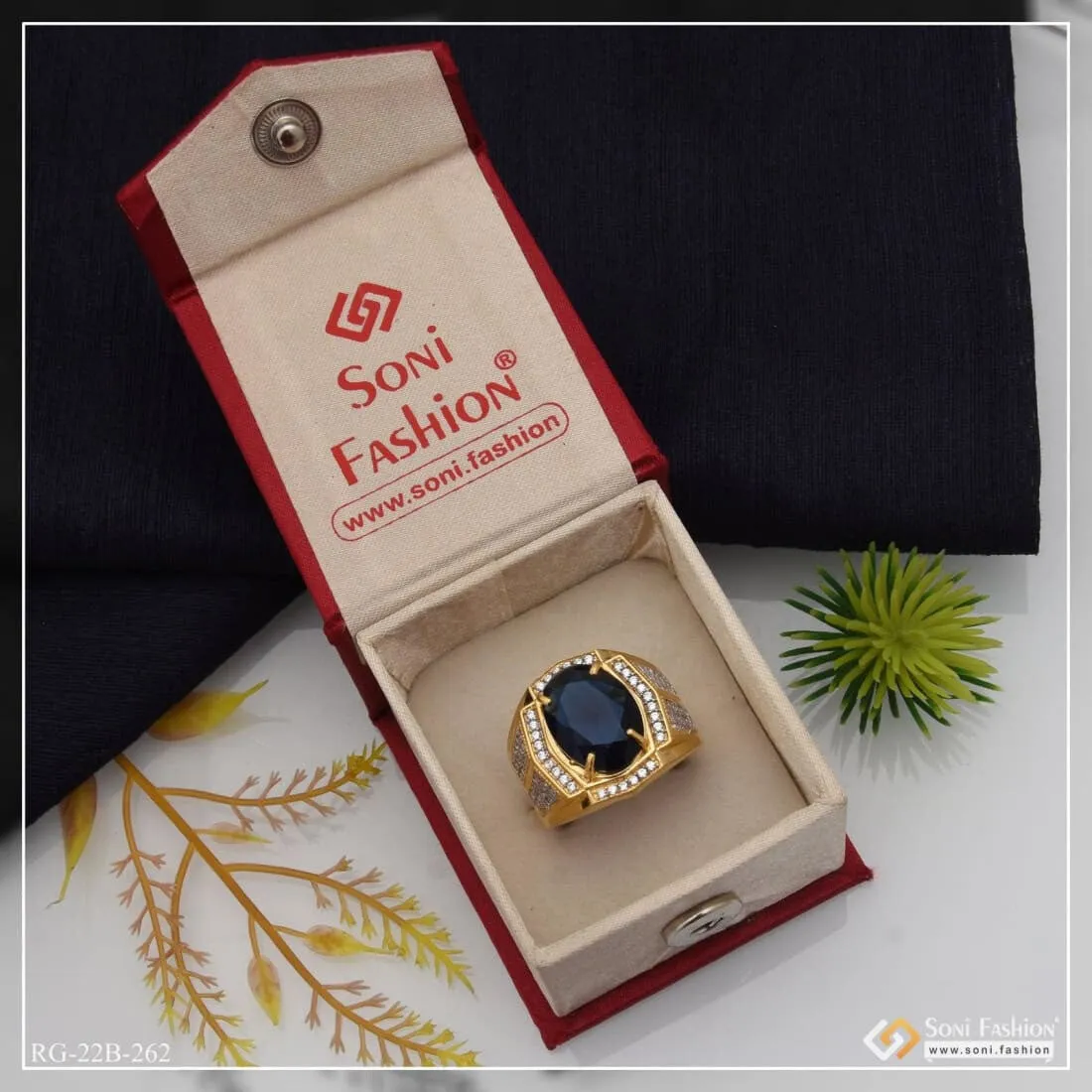 1 Gram Gold Plated Blue Stone with Diamond Funky Design Ring for Men - Style B262