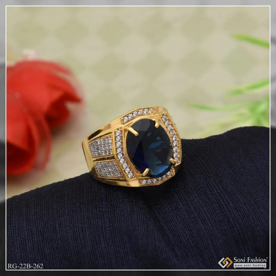 1 Gram Gold Plated Blue Stone with Diamond Funky Design Ring for Men - Style B262