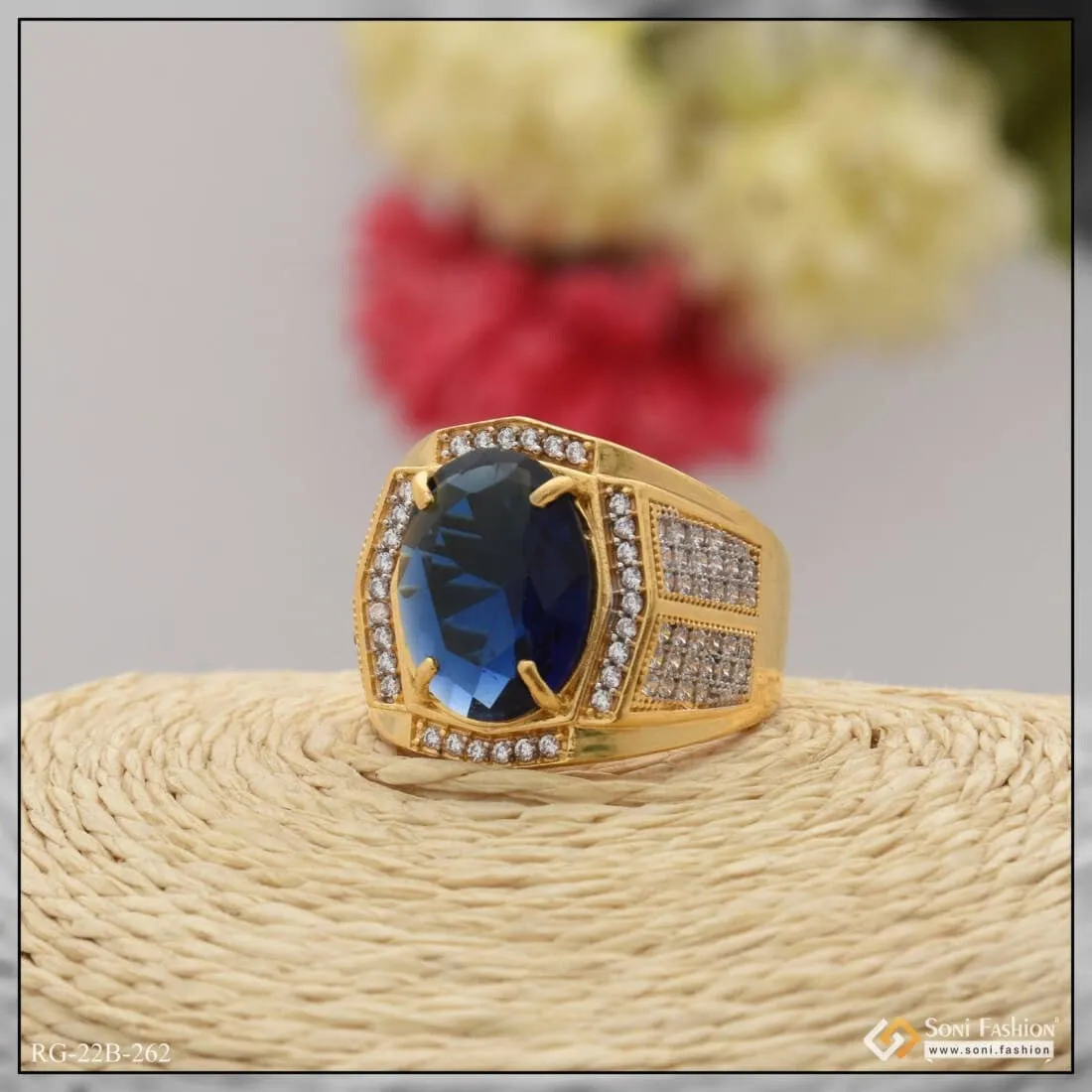 1 Gram Gold Plated Blue Stone with Diamond Funky Design Ring for Men - Style B262