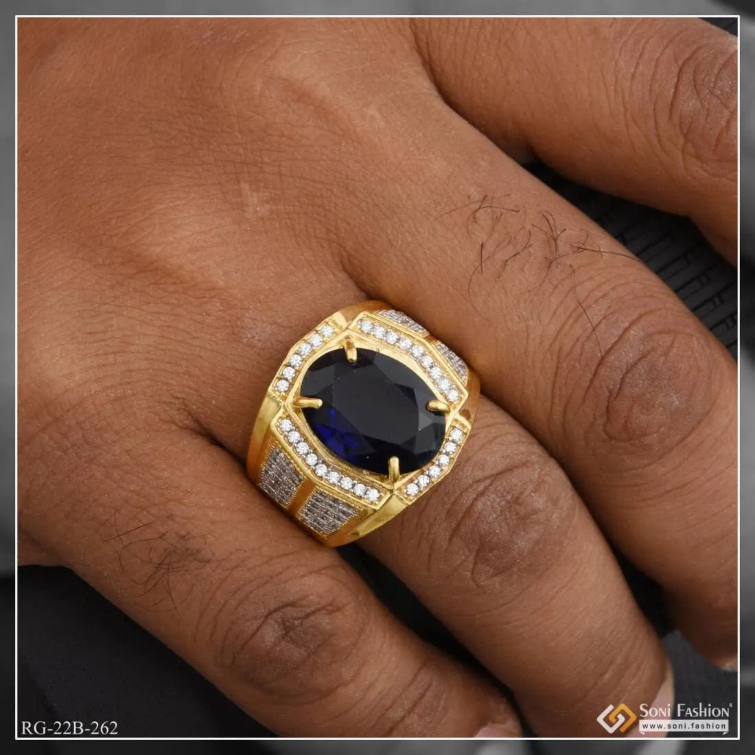 1 Gram Gold Plated Blue Stone with Diamond Funky Design Ring for Men - Style B262