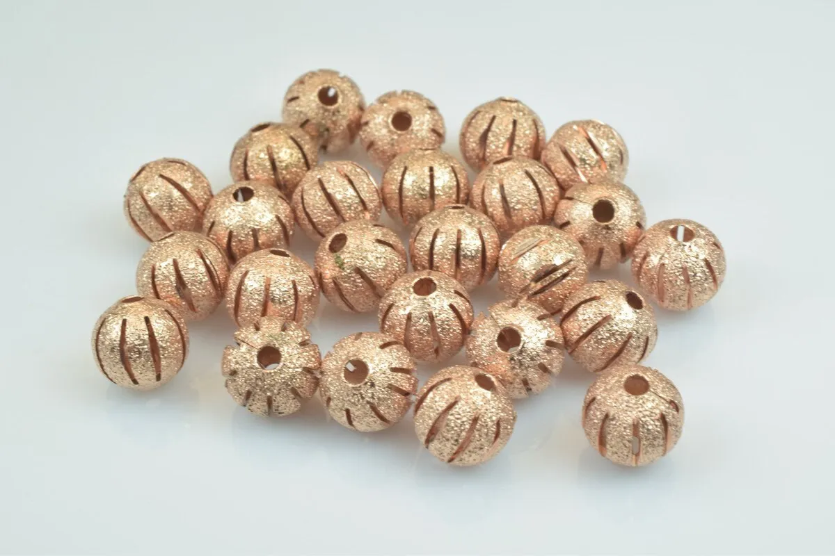 100 PCs Rose Gold Plated Carved Round Beads 6mm/8mm/10mm Diamond Cut For Jewelry Making