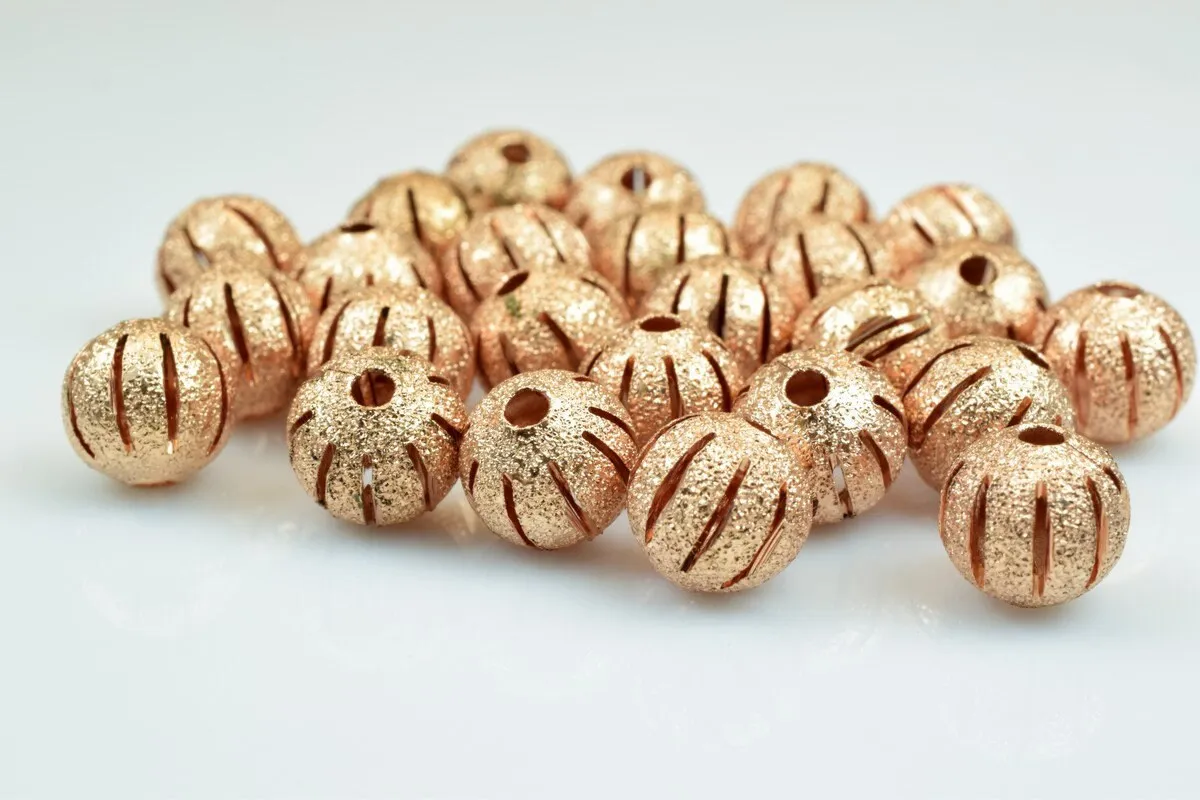 100 PCs Rose Gold Plated Carved Round Beads 6mm/8mm/10mm Diamond Cut For Jewelry Making