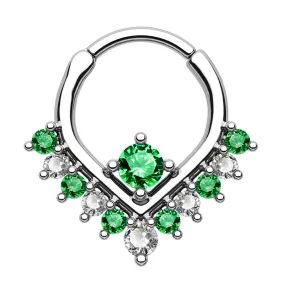 16G V Shape Green & Clear CZ Clicker Septum Ring