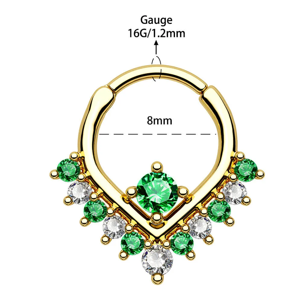 16G V Shape Green & Clear CZ Clicker Septum Ring