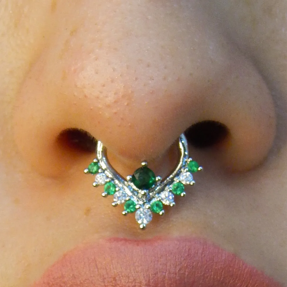 16G V Shape Green & Clear CZ Clicker Septum Ring