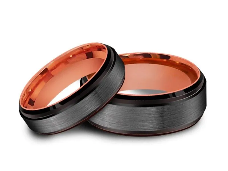 6MM/8MM BRUSHED GRAY GUNMETAL Tungsten Wedding Band Set BLACK EDGES AND ROSE GOLD INTERIOR