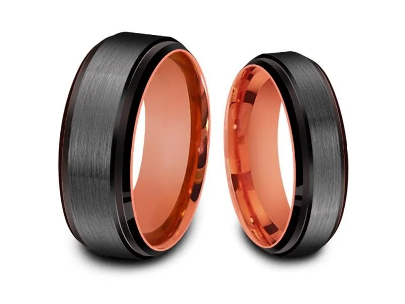 6MM/8MM BRUSHED GRAY GUNMETAL Tungsten Wedding Band Set BLACK EDGES AND ROSE GOLD INTERIOR