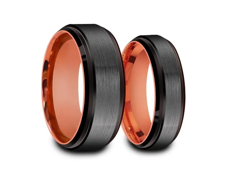 6MM/8MM BRUSHED GRAY GUNMETAL Tungsten Wedding Band Set BLACK EDGES AND ROSE GOLD INTERIOR