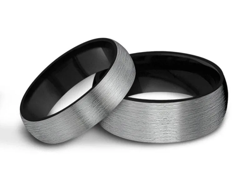 6MM/8MM BRUSHED GRAY GUNMETAL Tungsten Wedding Band Set DOME AND BLACK INTERIOR