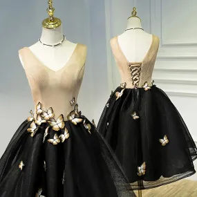 A Line Black V Neck Lace Up Homecoming Dresses, Sleeveless Prom Dress With Butterfly