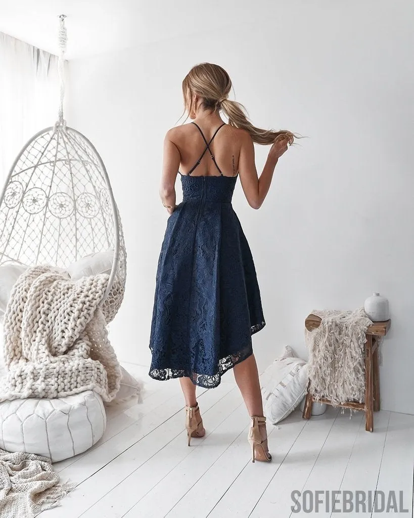 A-Line Spaghetti Straps V-neck Navy Blue Lace Homecoming Dress, HD0125