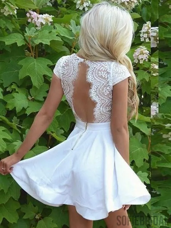 A-line V-neck Lace Top Cap Sleeves Open back Homecoming Dresses, HD0105