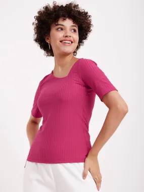 Asymmetric Neck Rib Knit Top - Fuchsia