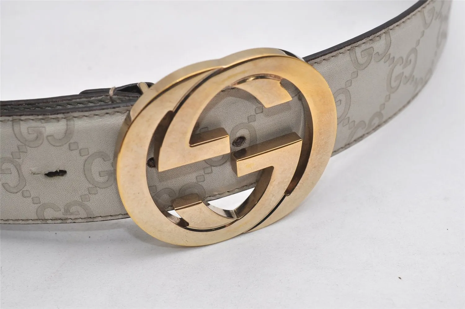 Auth GUCCI Guccissima Interlocking Belt GG Leather 80cm 31.5" 114876 White 0068K