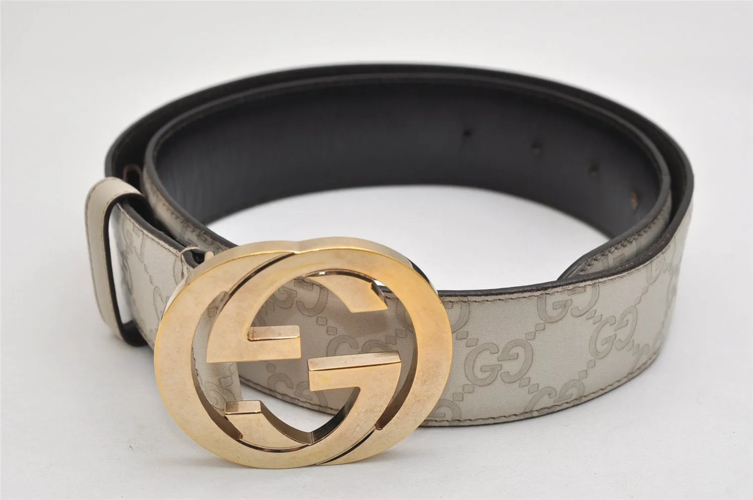 Auth GUCCI Guccissima Interlocking Belt GG Leather 80cm 31.5" 114876 White 0068K