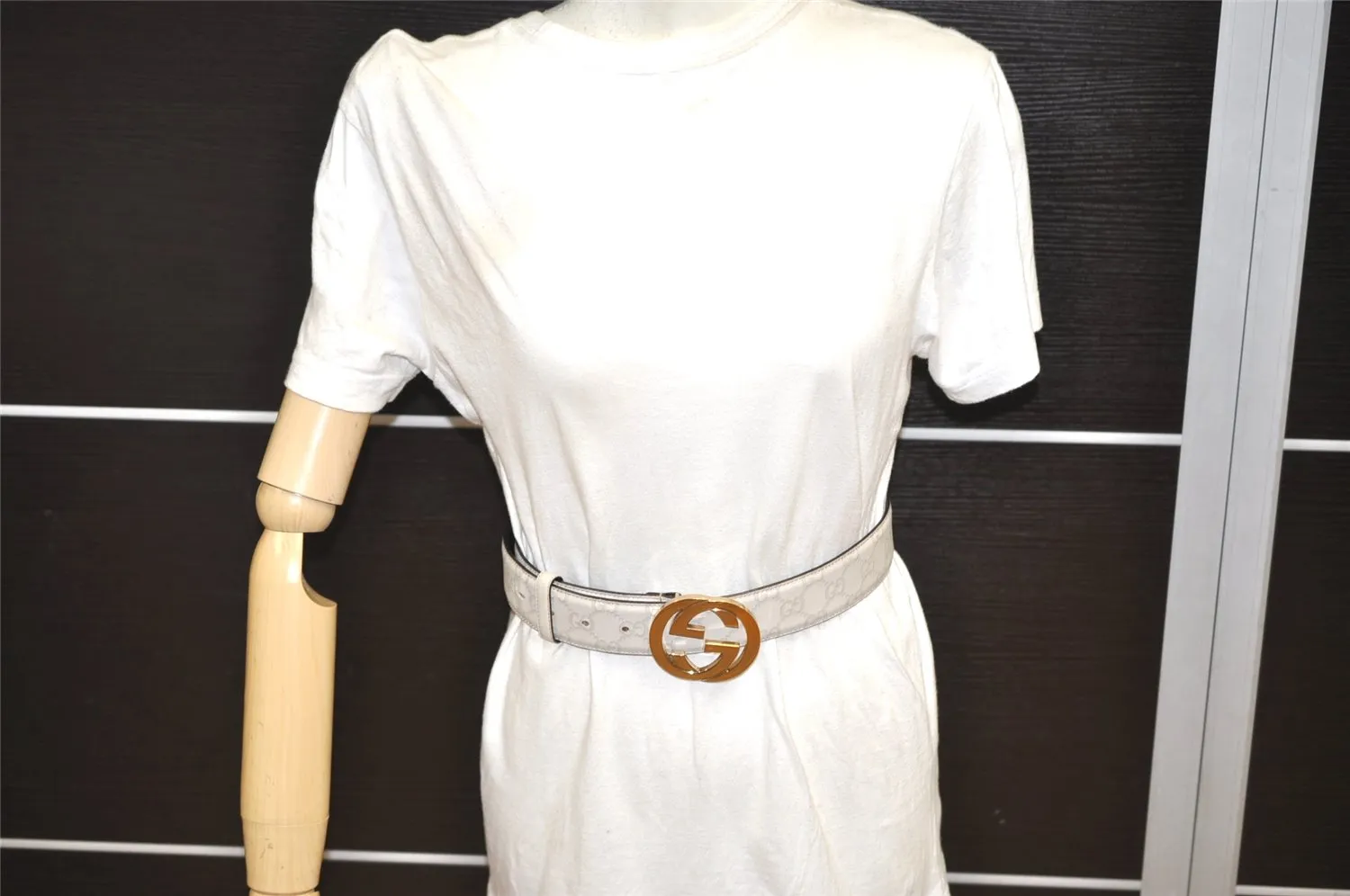 Auth GUCCI Guccissima Interlocking Belt GG Leather 80cm 31.5" 114876 White 0068K