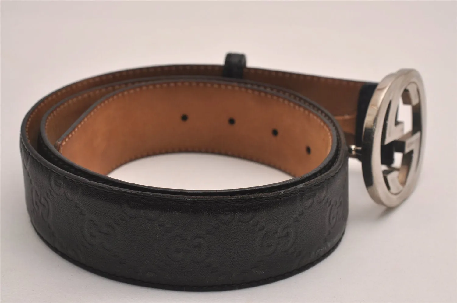 Auth GUCCI Guccissima Interlocking Belt GG Leather 90cm 35.4" 114984 Black 3981J