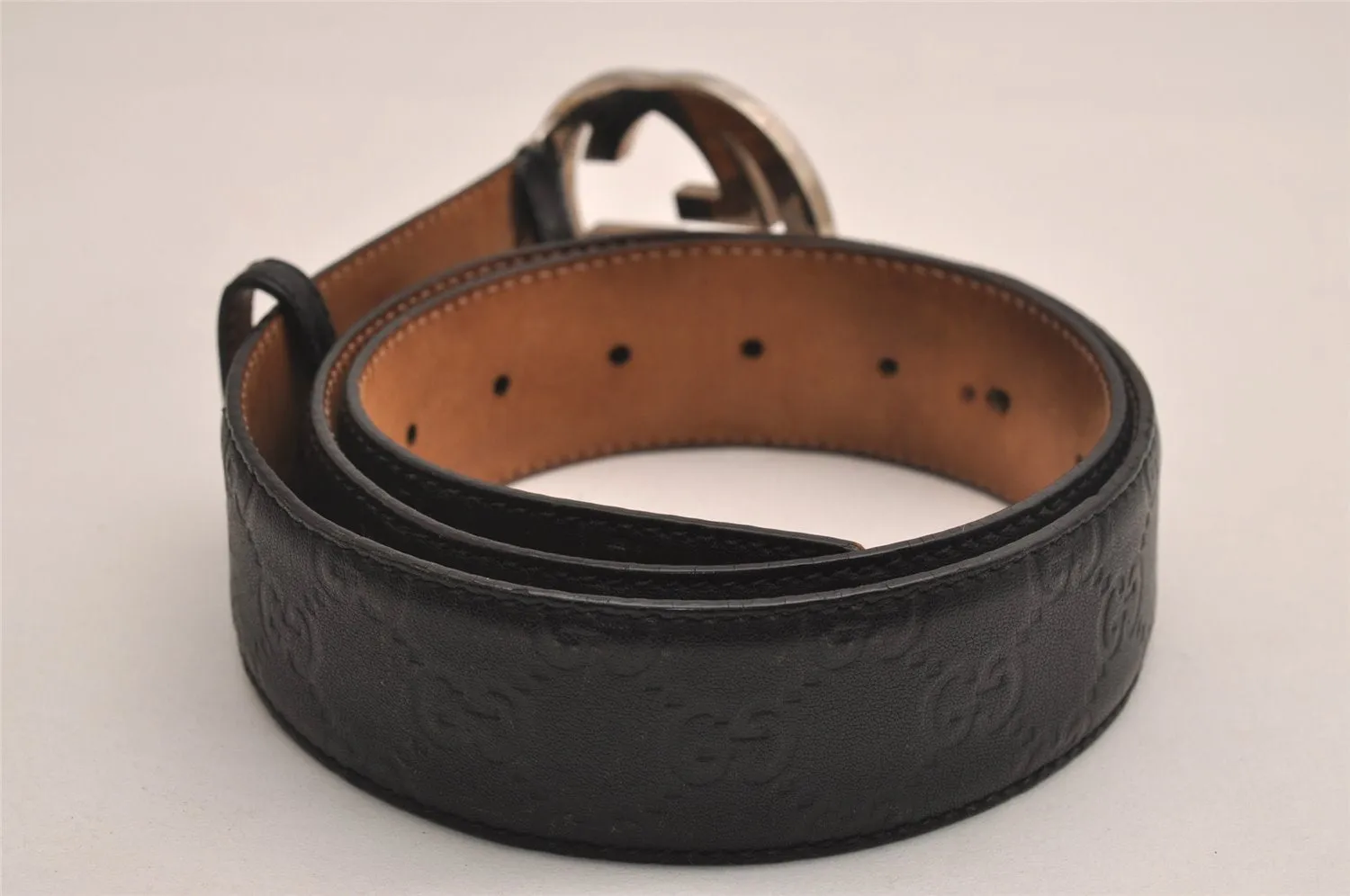 Auth GUCCI Guccissima Interlocking Belt GG Leather 90cm 35.4" 114984 Black 3981J