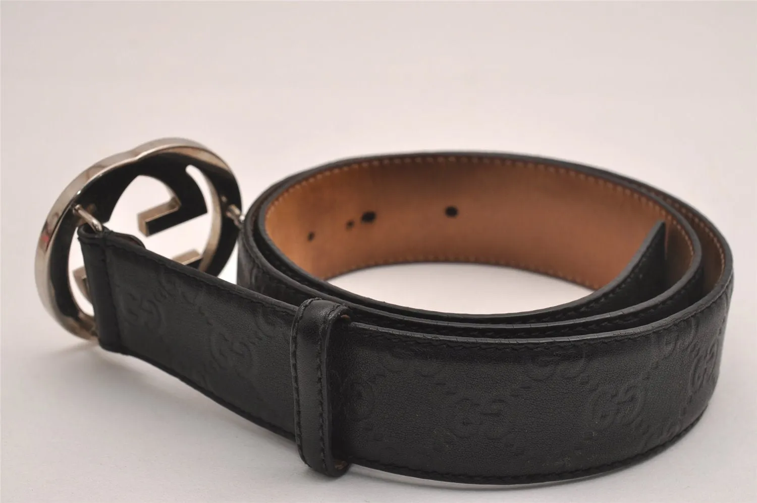 Auth GUCCI Guccissima Interlocking Belt GG Leather 90cm 35.4" 114984 Black 3981J