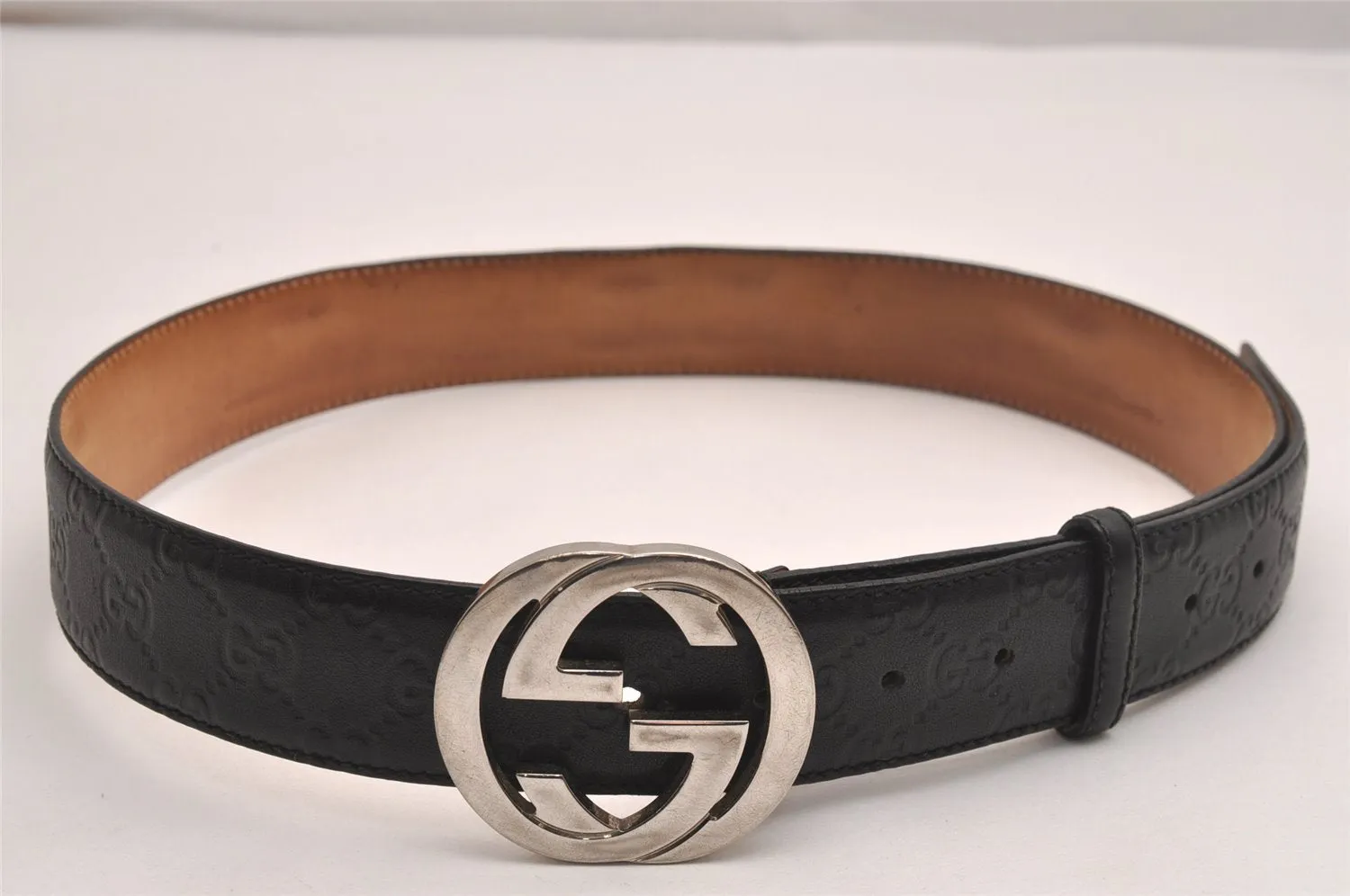 Auth GUCCI Guccissima Interlocking Belt GG Leather 90cm 35.4" 114984 Black 3981J