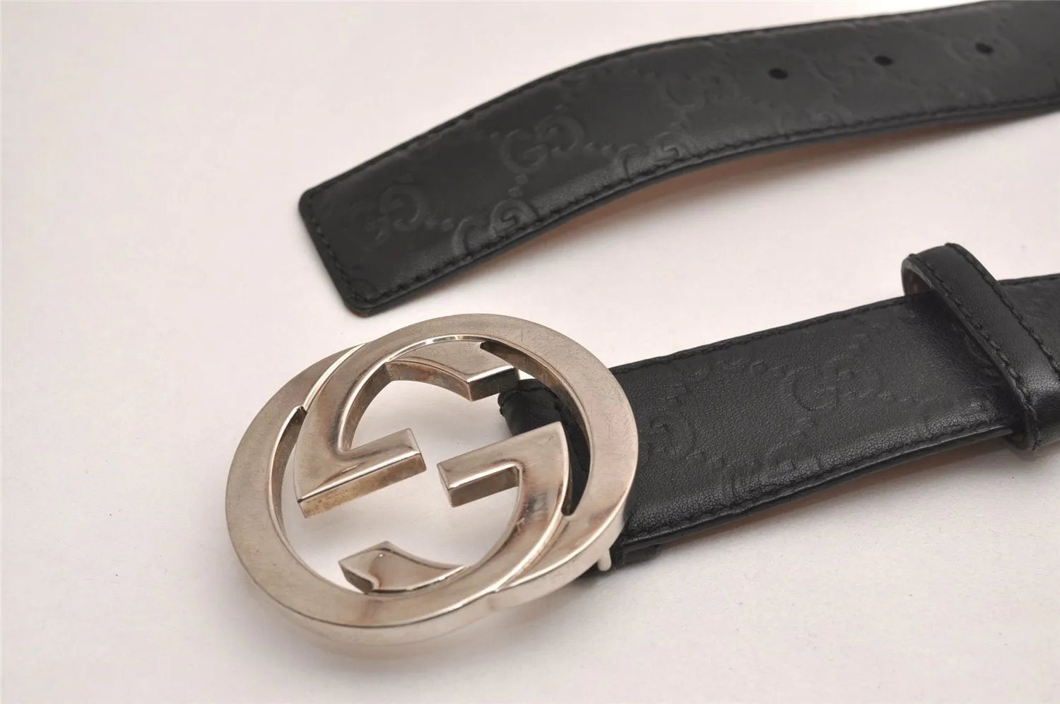 Auth GUCCI Guccissima Interlocking Belt GG Leather 90cm 35.4" 114984 Black 3981J