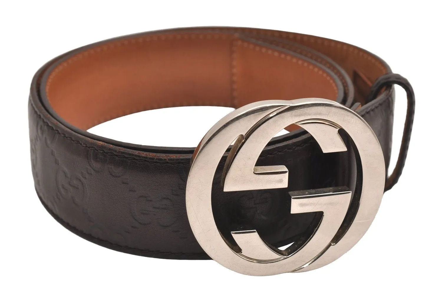 Auth GUCCI Guccissima Interlocking G Belt GG Leather 33.4" 114984 Brown 3661J