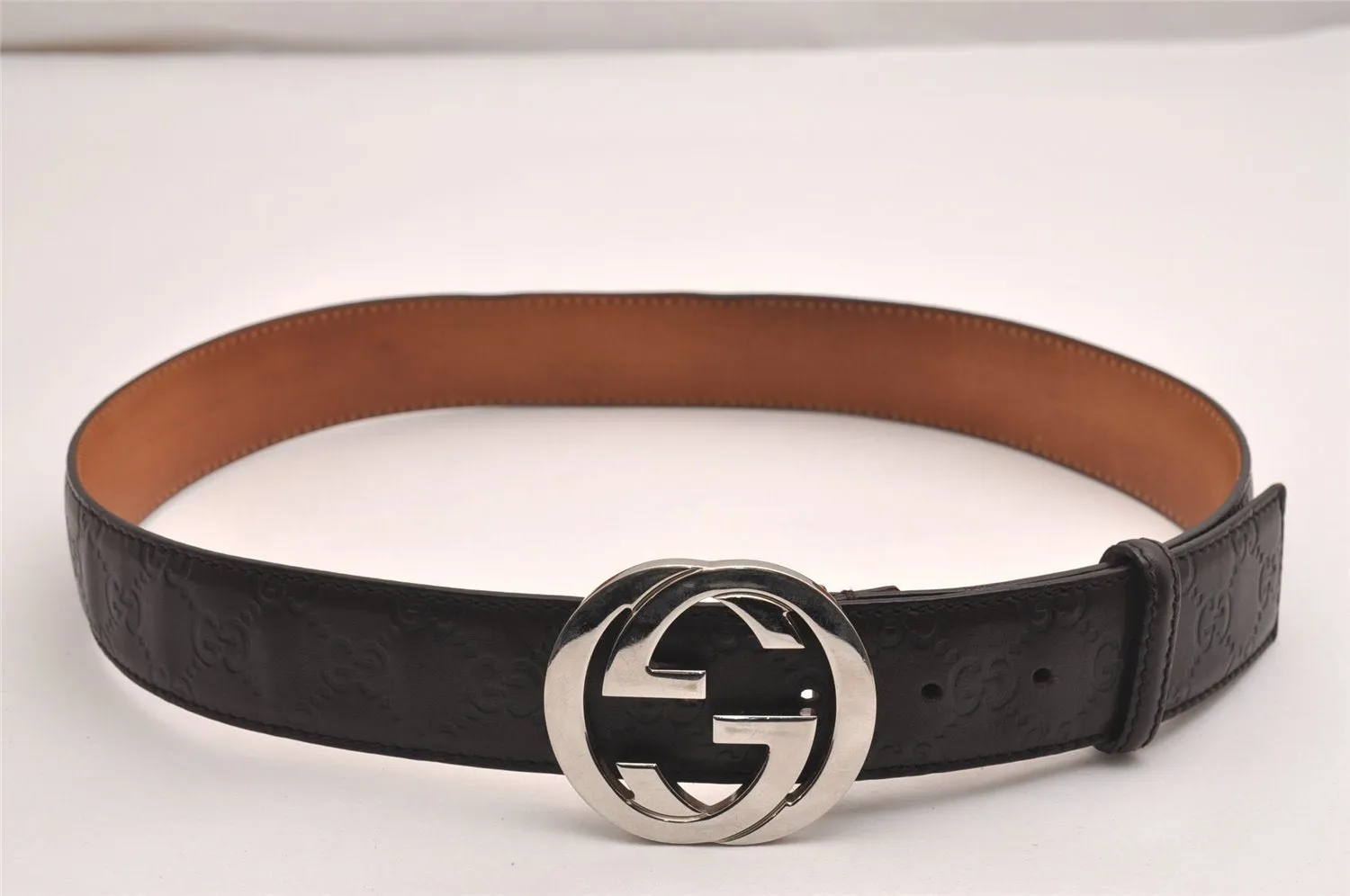 Auth GUCCI Guccissima Interlocking G Belt GG Leather 33.4" 114984 Brown 3661J