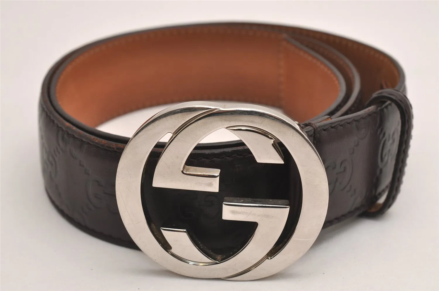 Auth GUCCI Guccissima Interlocking G Belt GG Leather 33.4" 114984 Brown 3661J