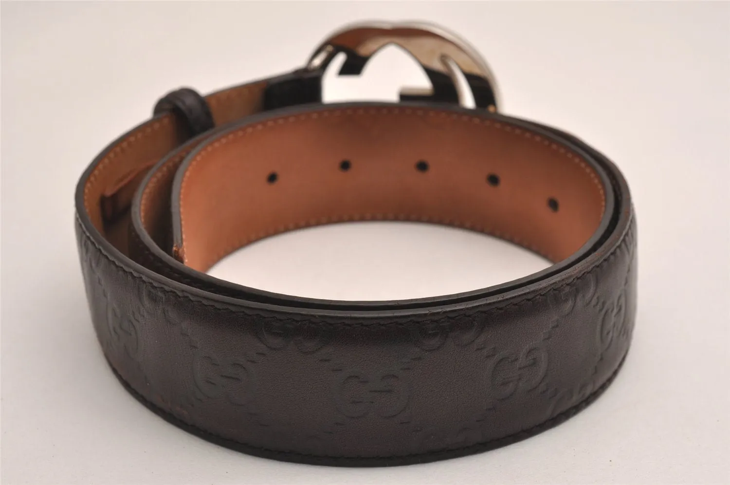 Auth GUCCI Guccissima Interlocking G Belt GG Leather 33.4" 114984 Brown 3661J