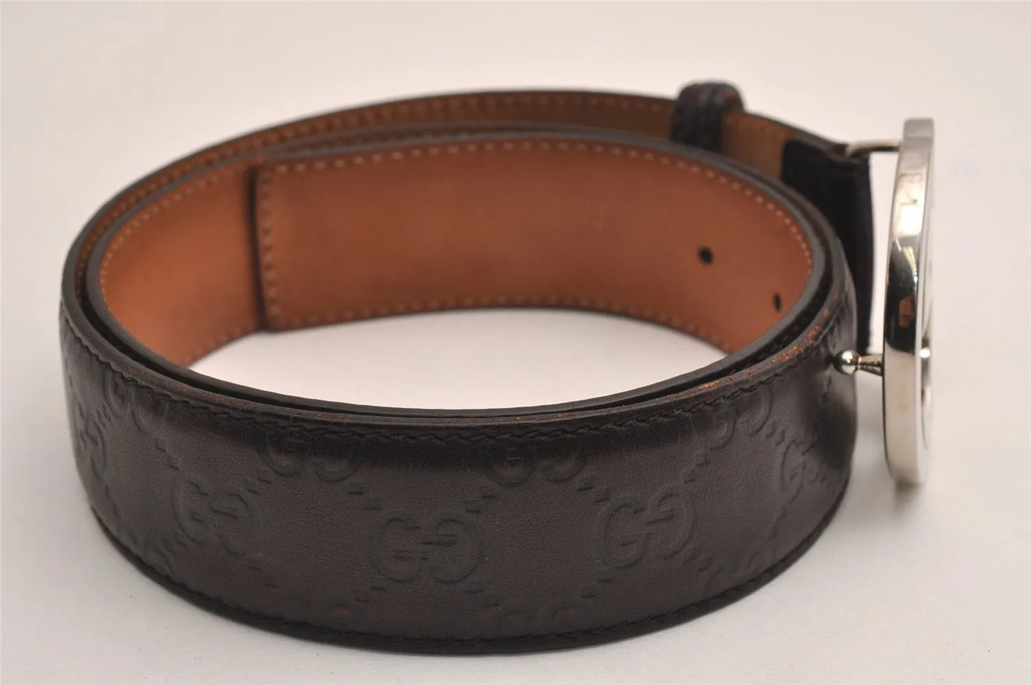 Auth GUCCI Guccissima Interlocking G Belt GG Leather 33.4" 114984 Brown 3661J