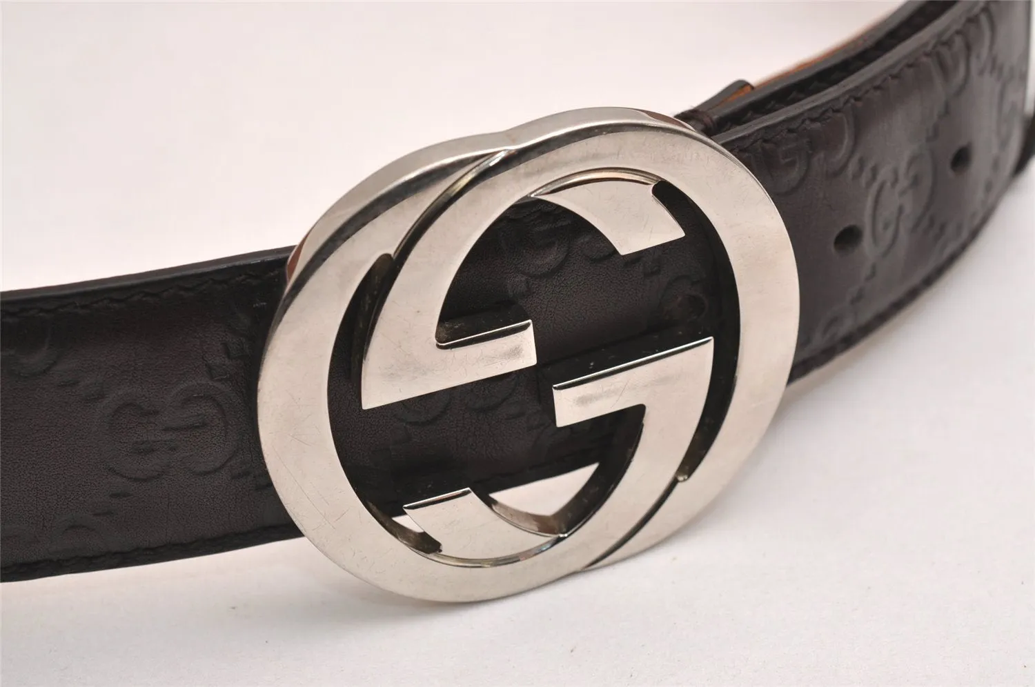 Auth GUCCI Guccissima Interlocking G Belt GG Leather 33.4" 114984 Brown 3661J