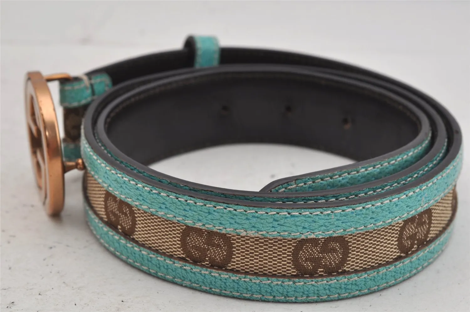 Auth GUCCI Interlocking G Belt GG Canvas Leather 85cm 33.5" 114874 Brown 6071J