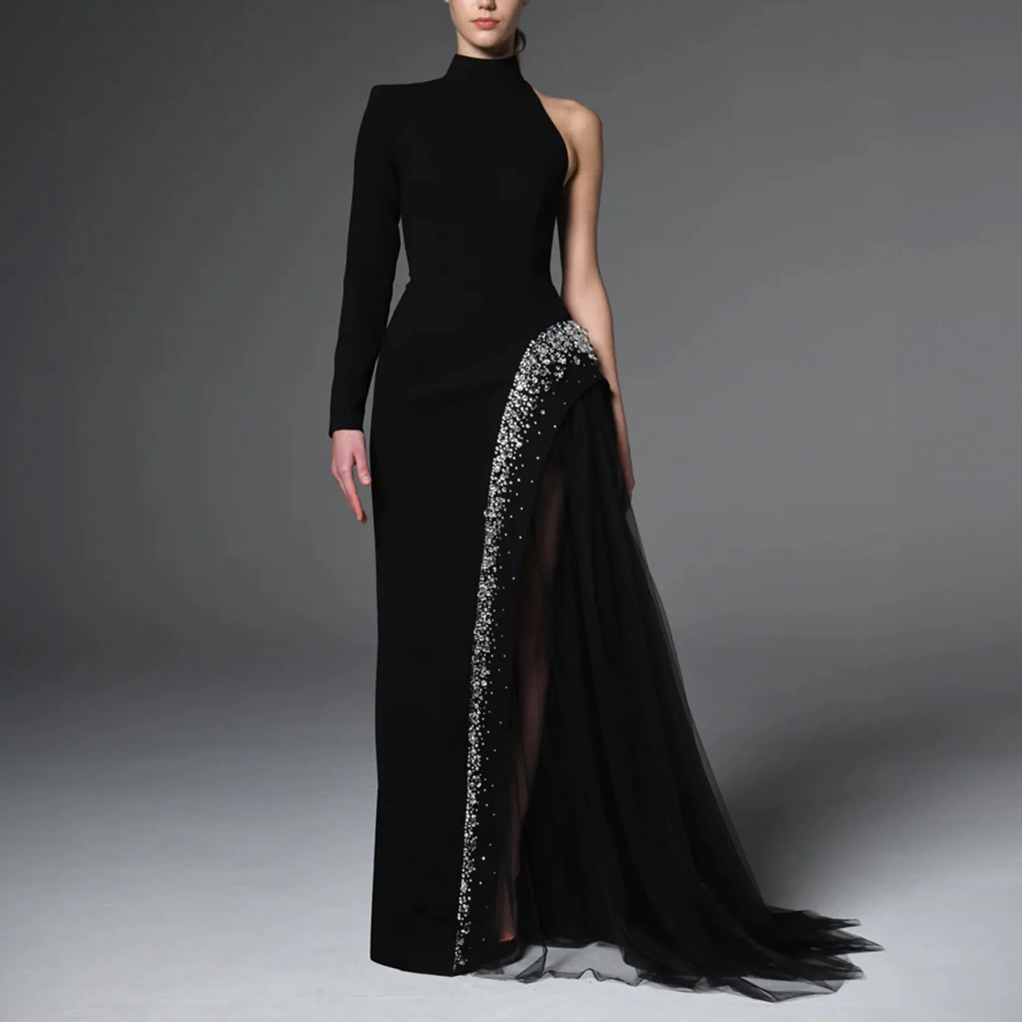 Black Asymmetric Crepe Dress With Crystal Embroidery