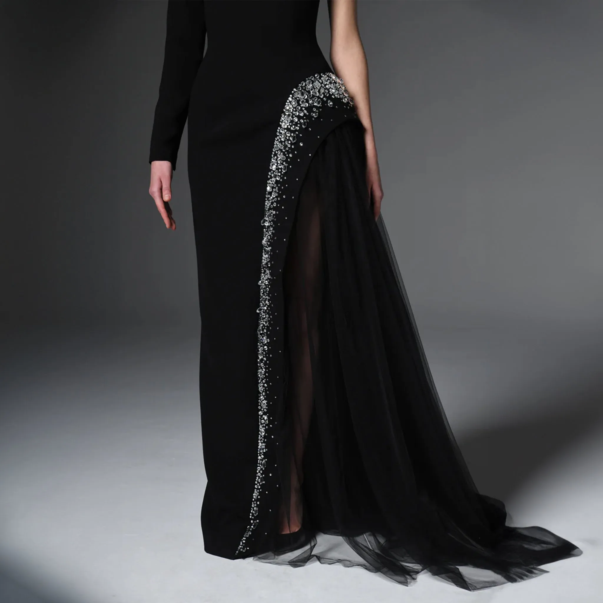 Black Asymmetric Crepe Dress With Crystal Embroidery